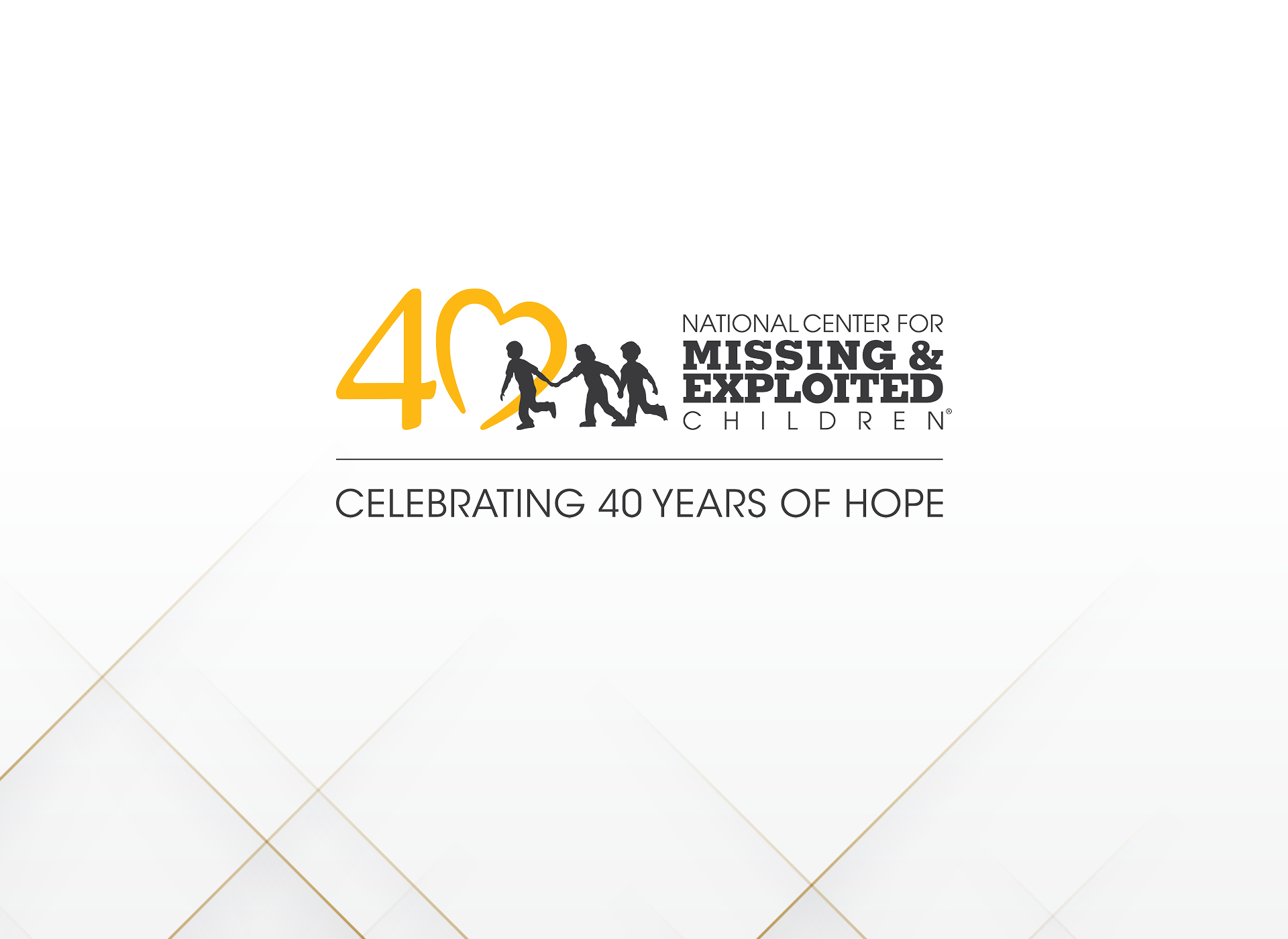 yellow ncmec logo with 4 and a heart as the 0: celebrating 40 years of hope against white background