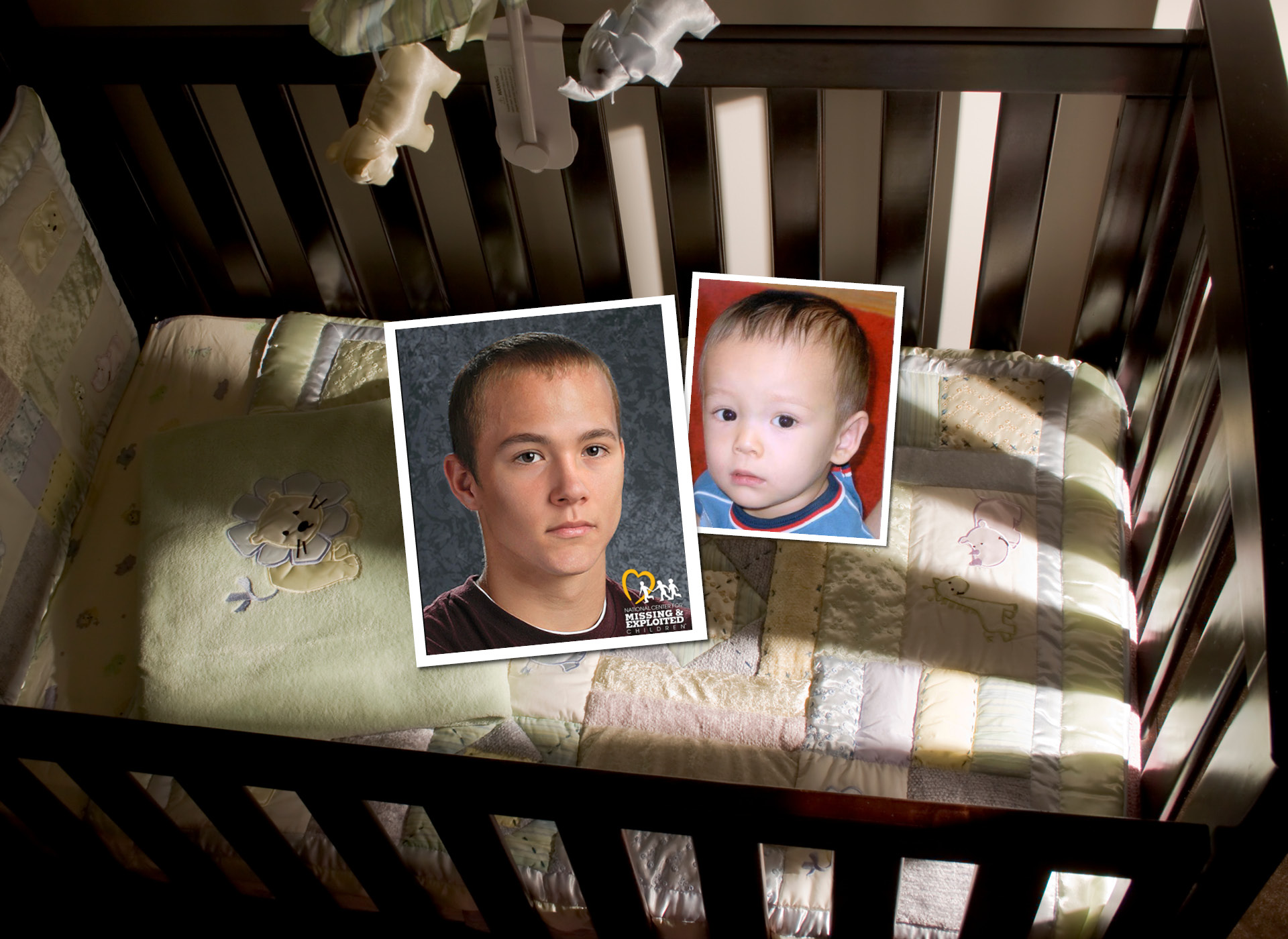 foreground: two images, one of 2 year old boy, second of age progression to 22; background empty crib