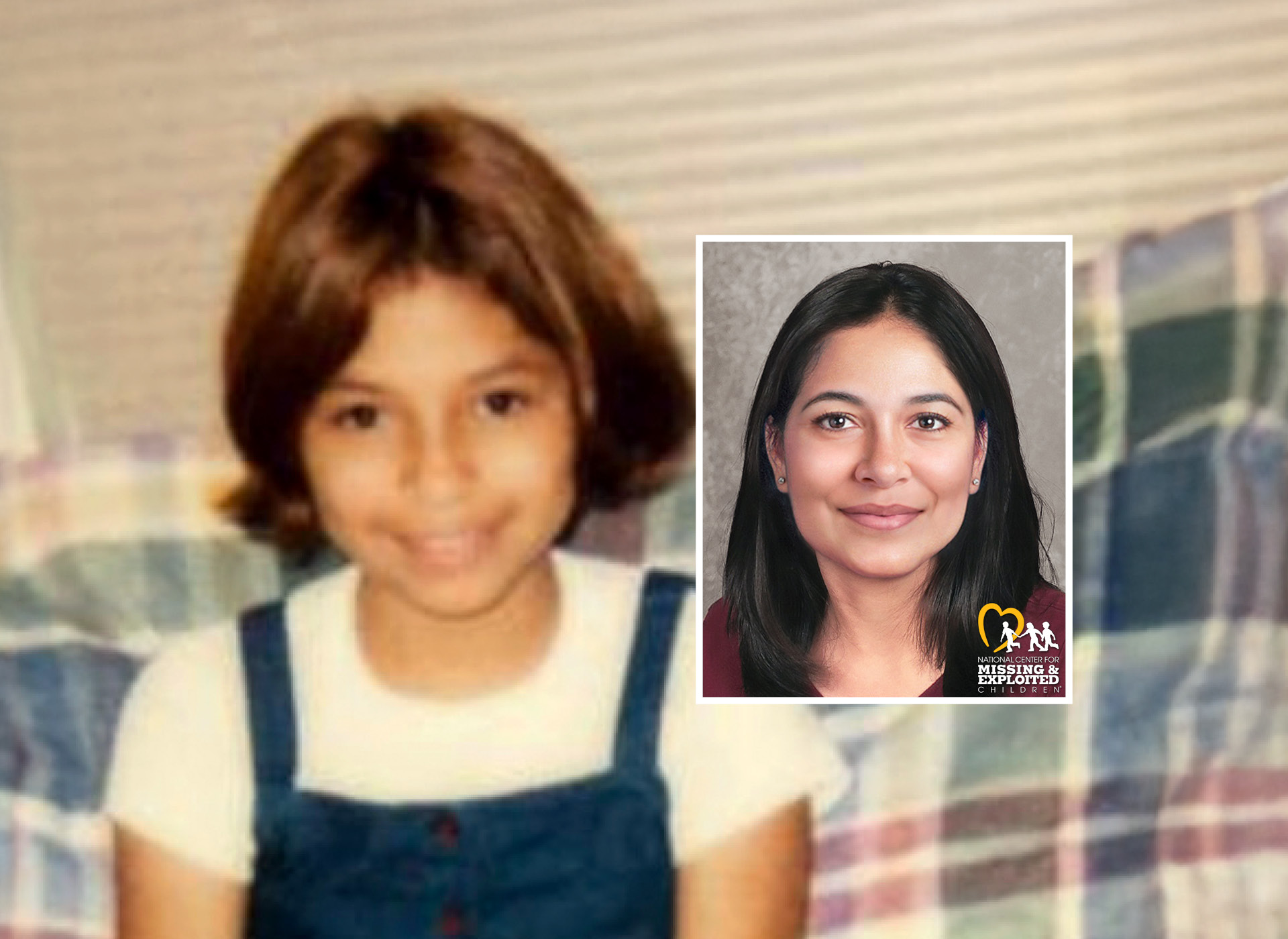 10-year-old girl with short brown hair smiles (left); yansis age progressed to 30s (right)