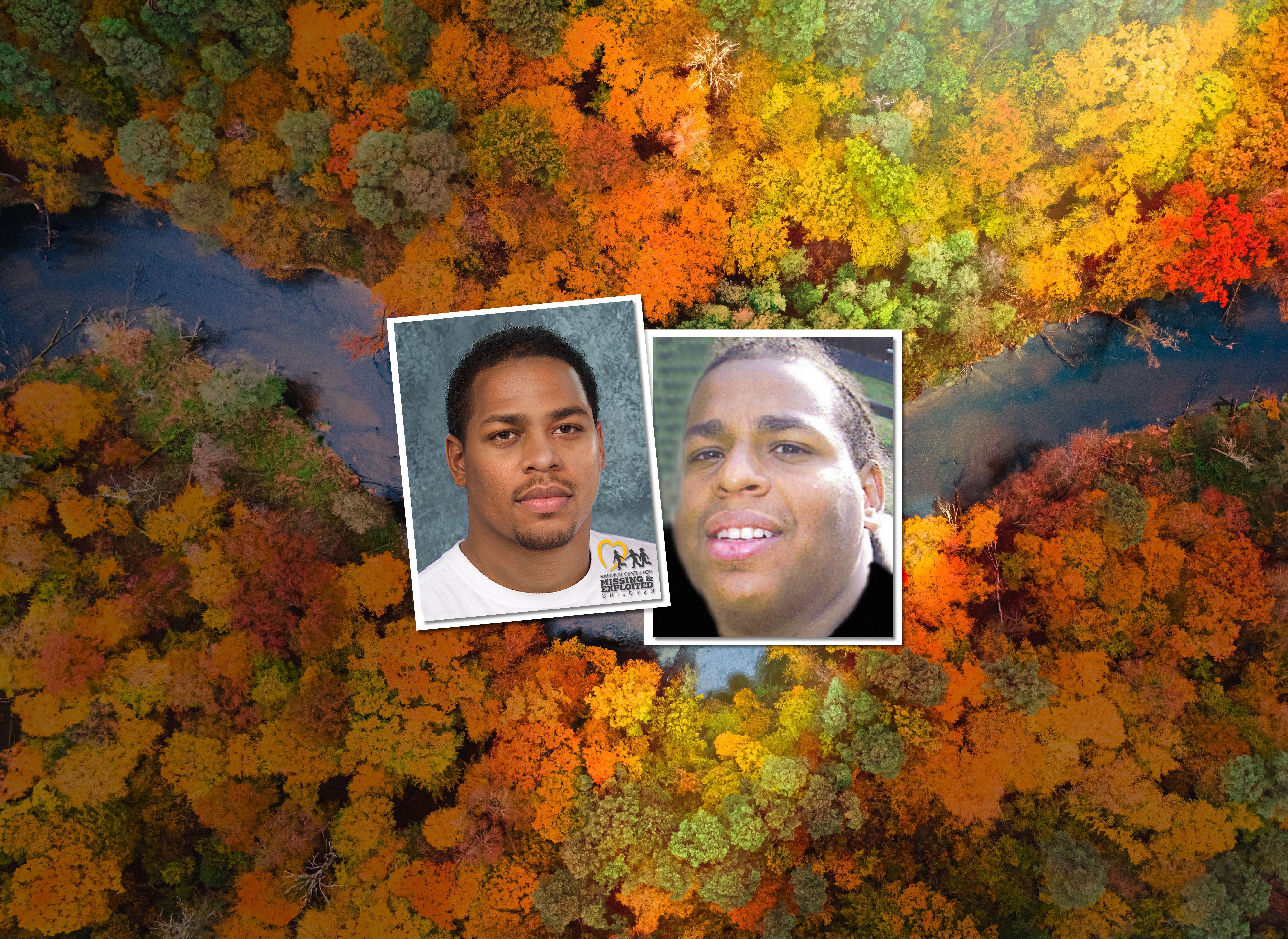 background: river and fall leaves; foreground: young black man with short hair and his age progression to 30s