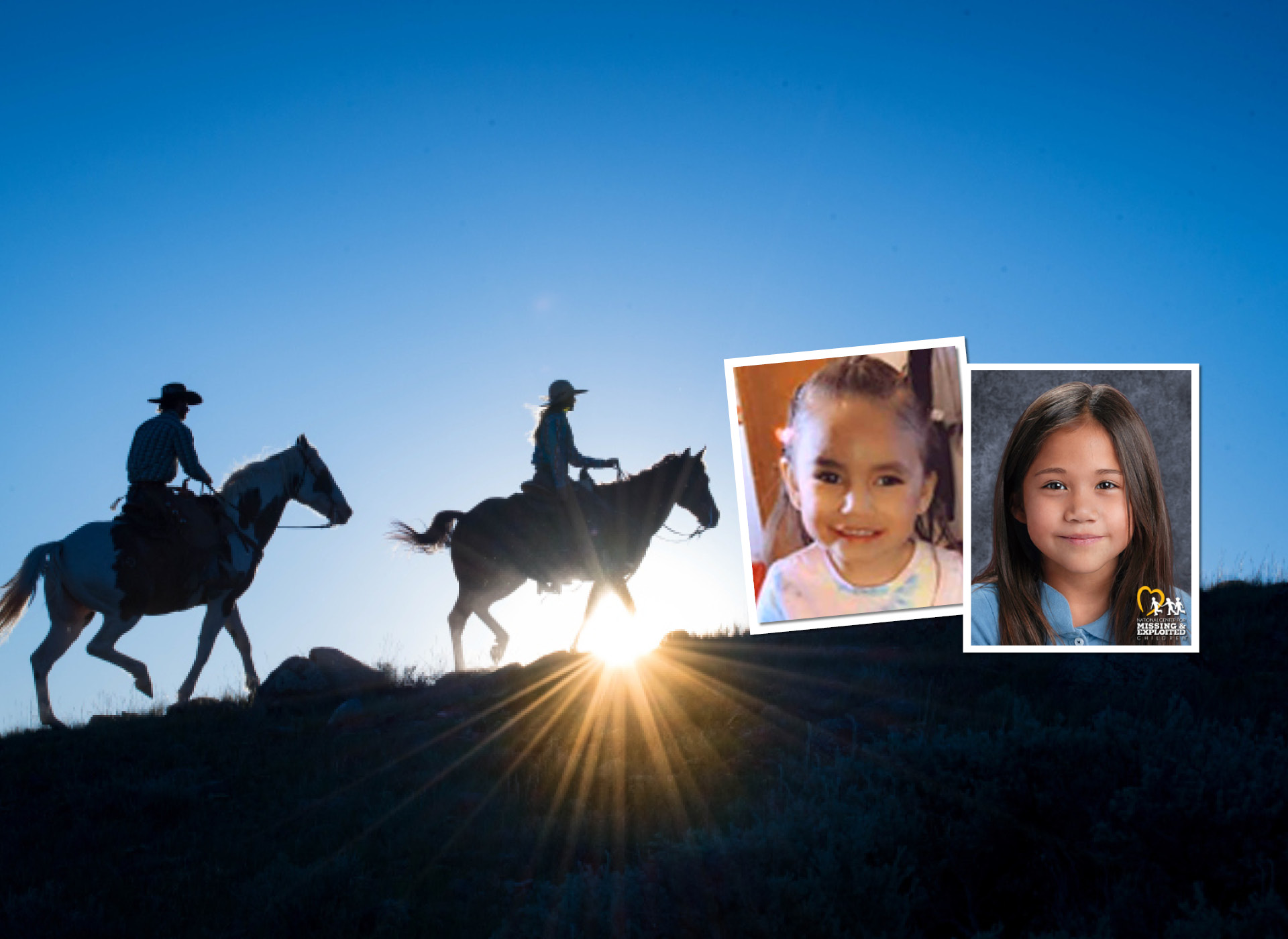 foreground: two images of arden as a 3 year old and age progressed to 8 -- both tan with brown hair; background: two people ride horses along a ridge in the sunset