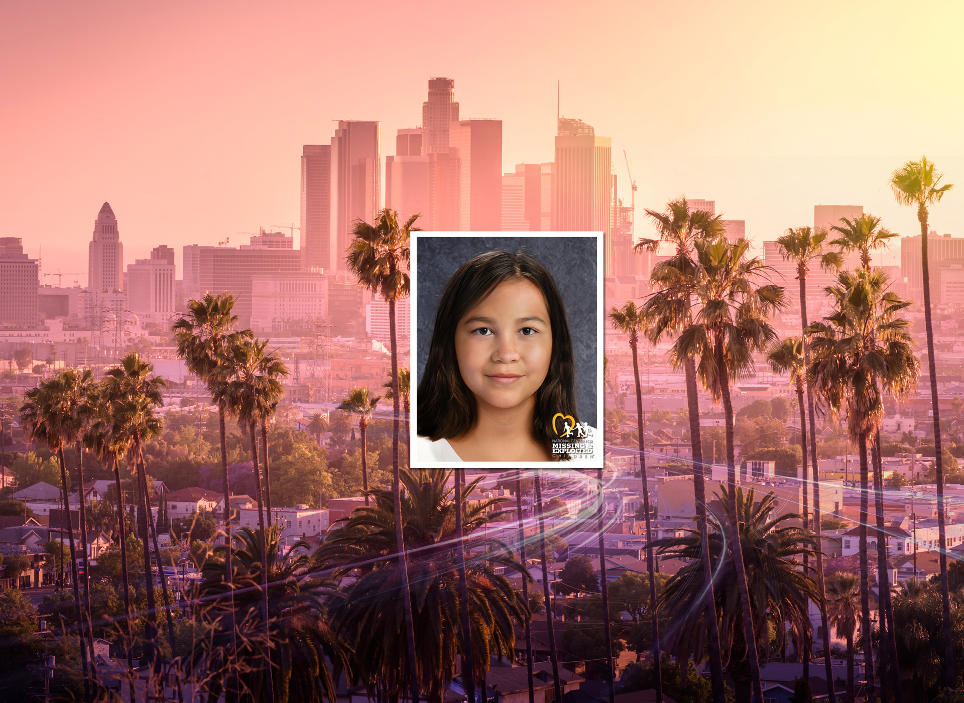 age progression of karen with shoulder length brown wavy hair; LA skyline and palm trees in background 