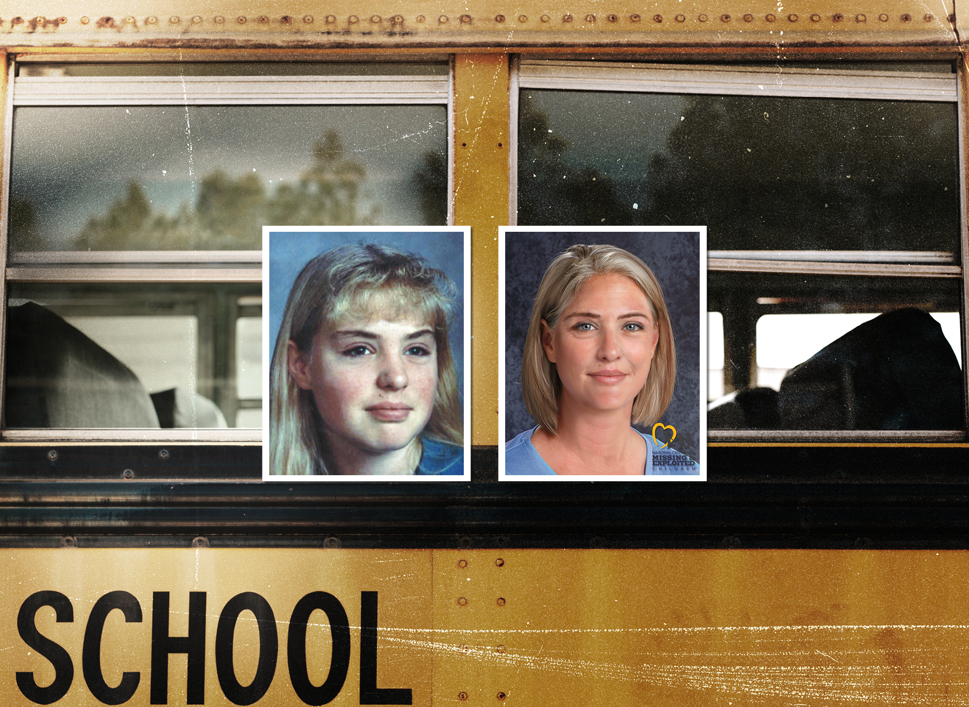 age-progressed images superimposed over a school bus