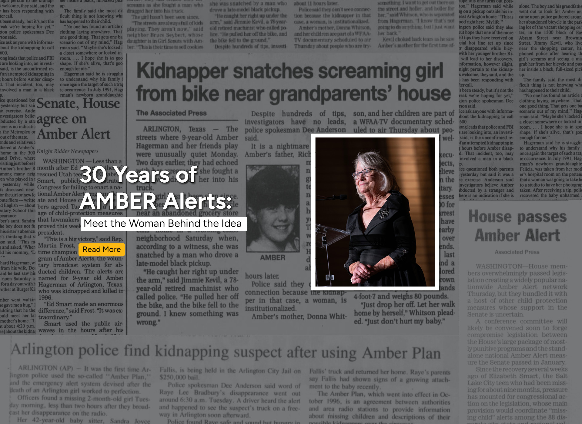 foreground: woman in black dress with gray hair speaks at podium; background newspaper article