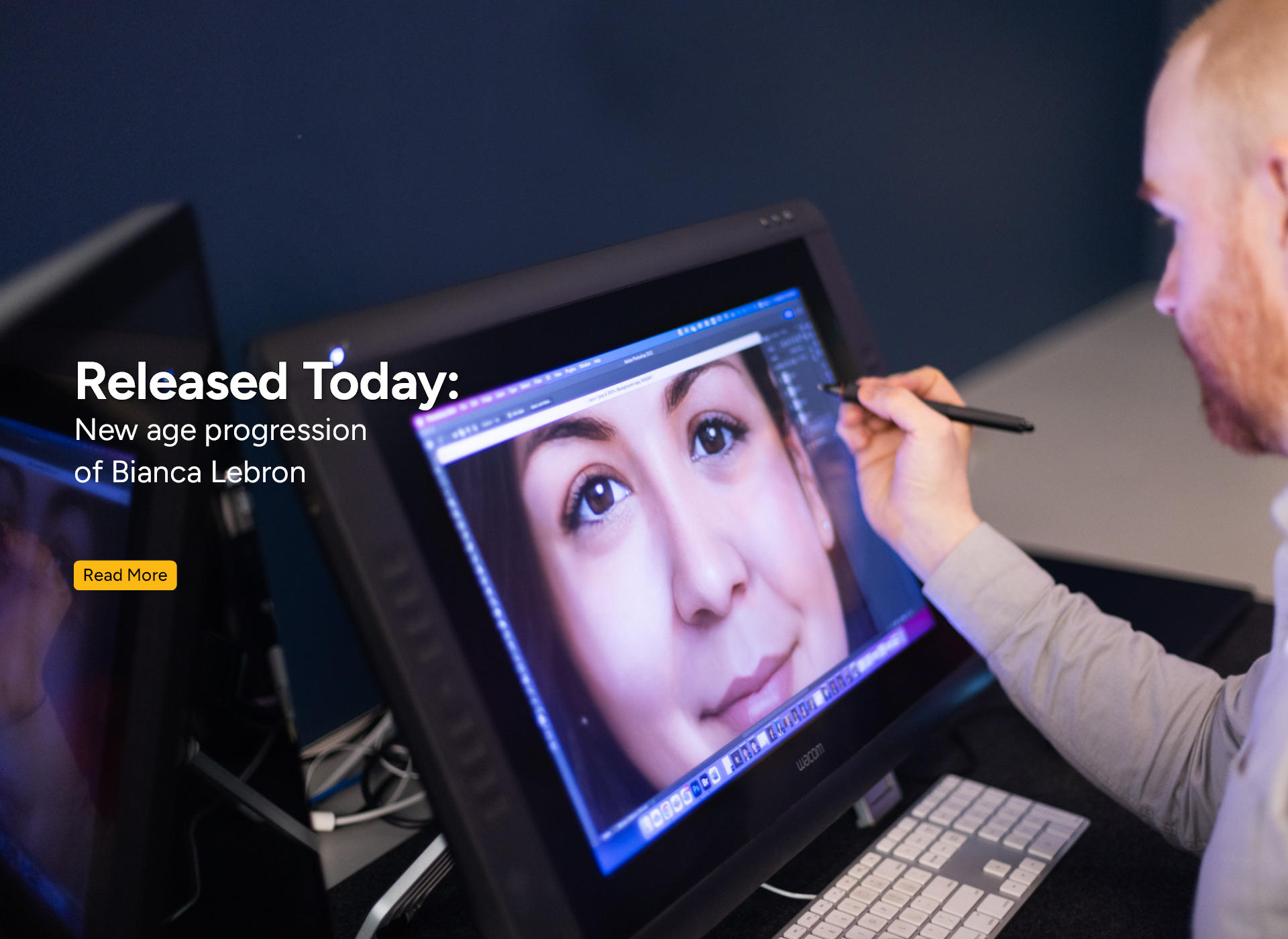 man works on computer screen creating age progression