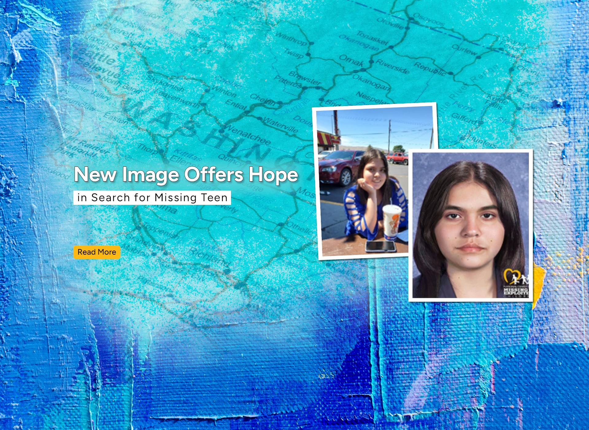 foreground: photo of kit at 16 next to her age progression at 20; background: blue/teal map