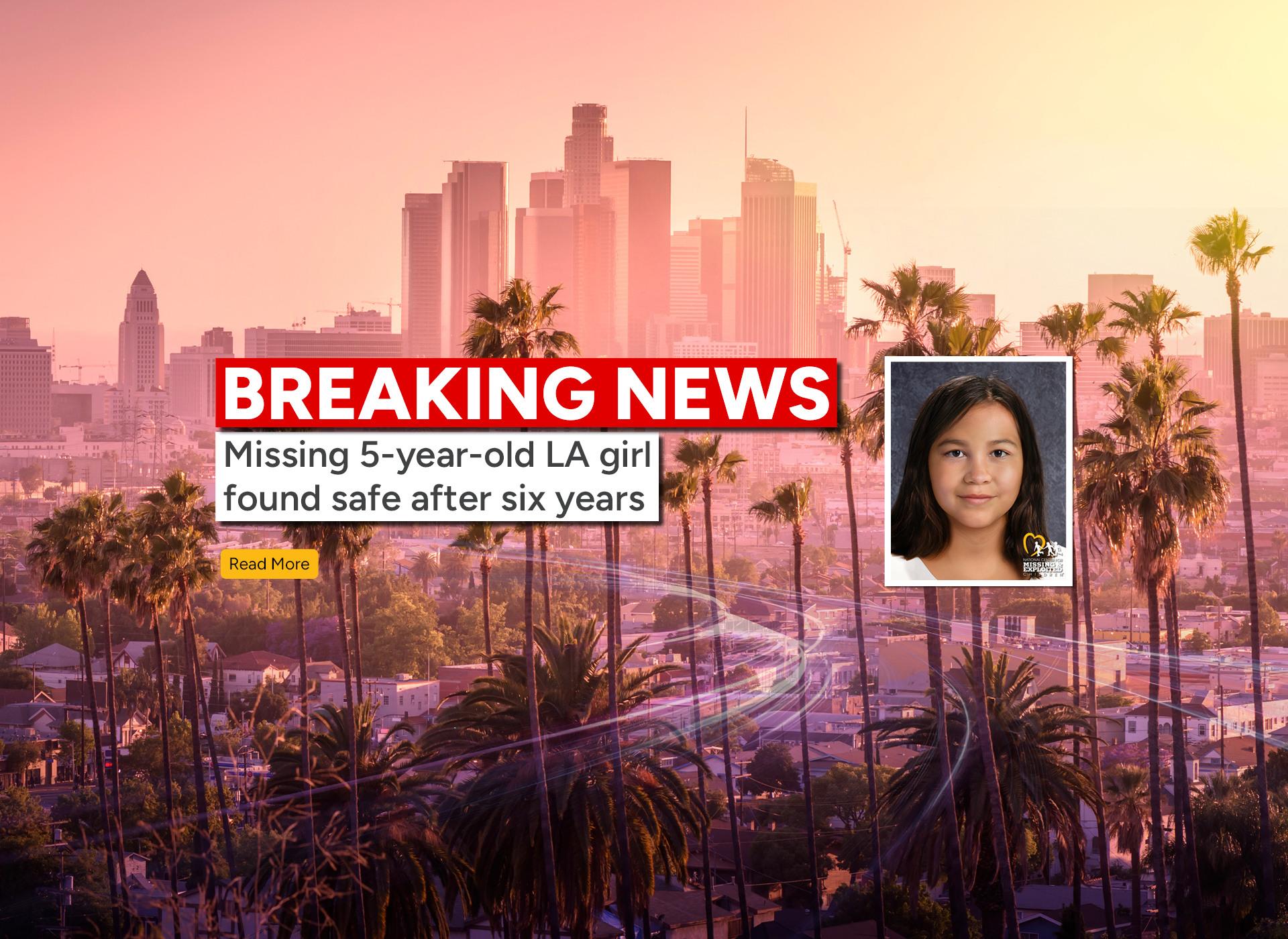 age progression of karen with shoulder length brown wavy hair; LA skyline and palm trees in background 