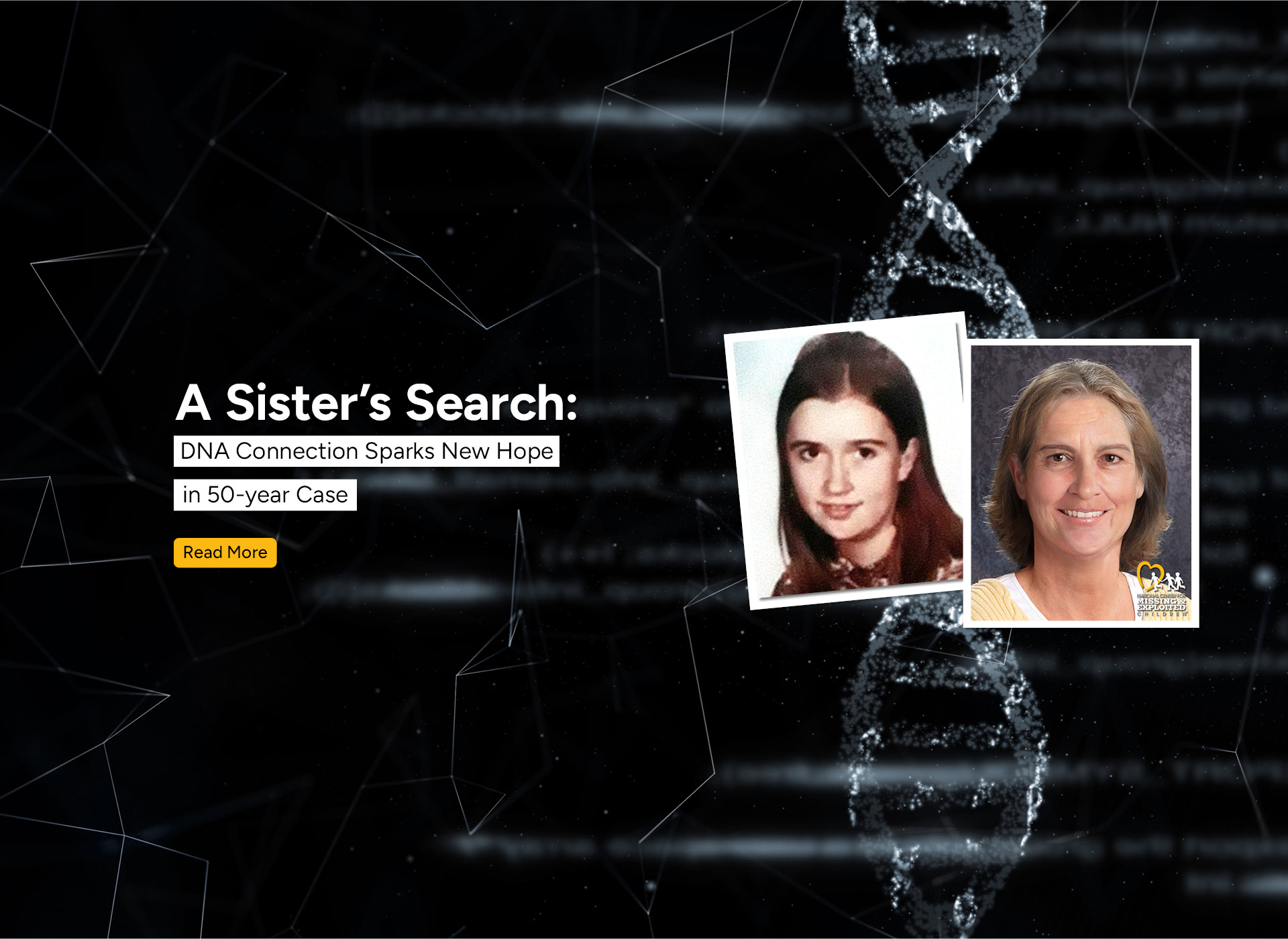 picture of teen girl with dark shoulder length hair next to age progression; background double helix